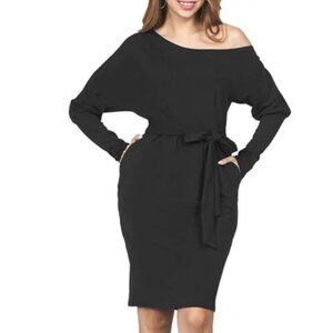 Elegant One Shoulder 2-Way Midi Dress | Puffy Sleeve | Belted Waist | Size M